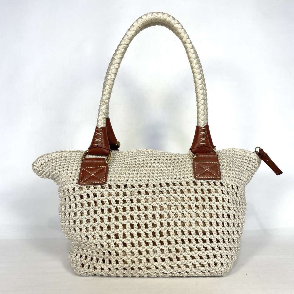 The Sak Cambria Crochet Tote Bag Gold Lined Boho Woven Shoulder Purse - Picture 2 of 13